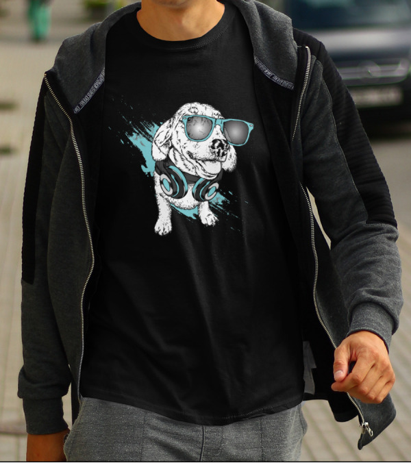 Cute Dog Wearing Blue Sunglasses And Headphones On Stylish Background T-Shirt