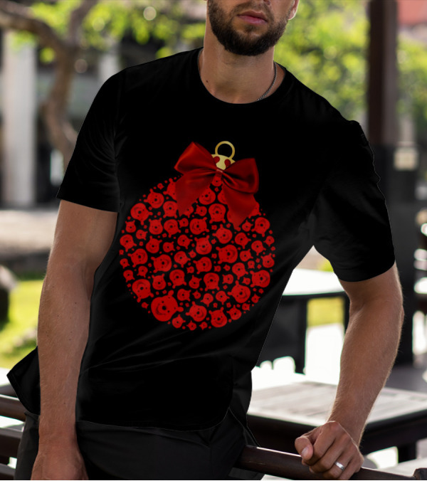 Merry Christmas Cute Dog Faces In Red Ornament With Bow Holiday Animals T-Shirt
