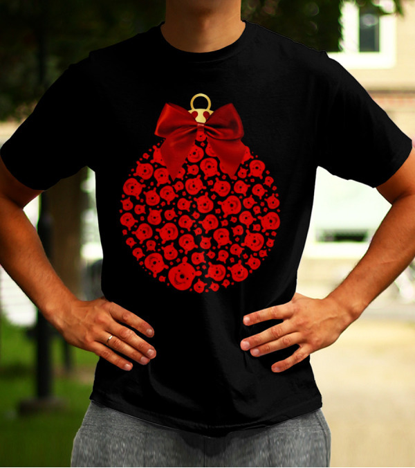 Merry Christmas Cute Dog Faces In Red Ornament With Bow Holiday Animals T-Shirt