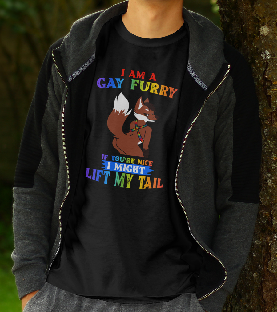I Am A Gay Furry If You're Nice I Might Lift My Tail Rainbow Colors With Fox Character T-Shirt