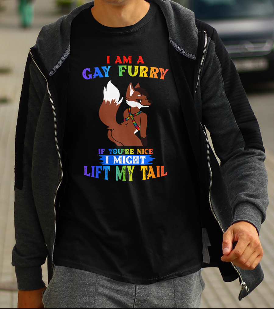 I Am A Gay Furry If You're Nice I Might Lift My Tail Rainbow Colors With Fox Character T-Shirt