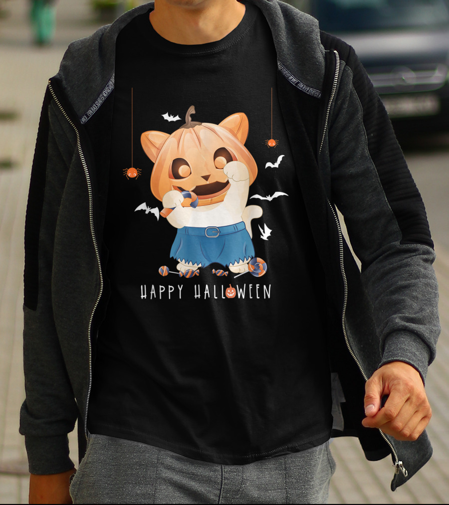 Happy Halloween Pumpkin Cat With Candy And Bats T-Shirt