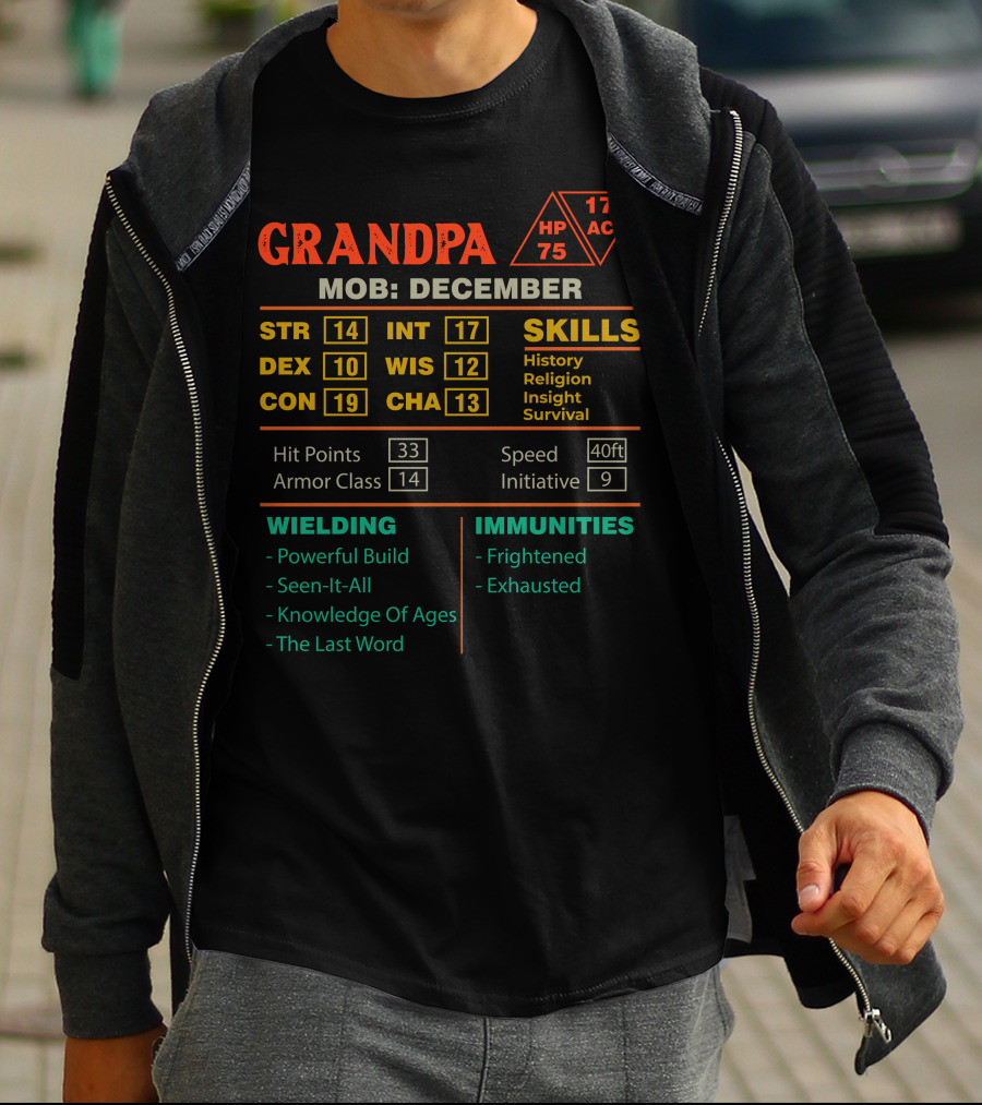 Grandpa Stats Character Sheet Mob December Skills History Religion Insight Survival T-Shirt