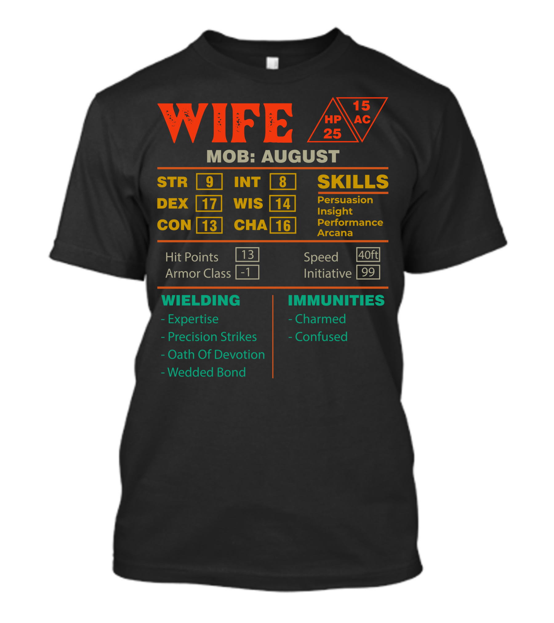 Wife Stats Character Sheet MOB August Skills Hit Points Armor Class Wielding Immunities T-Shirt