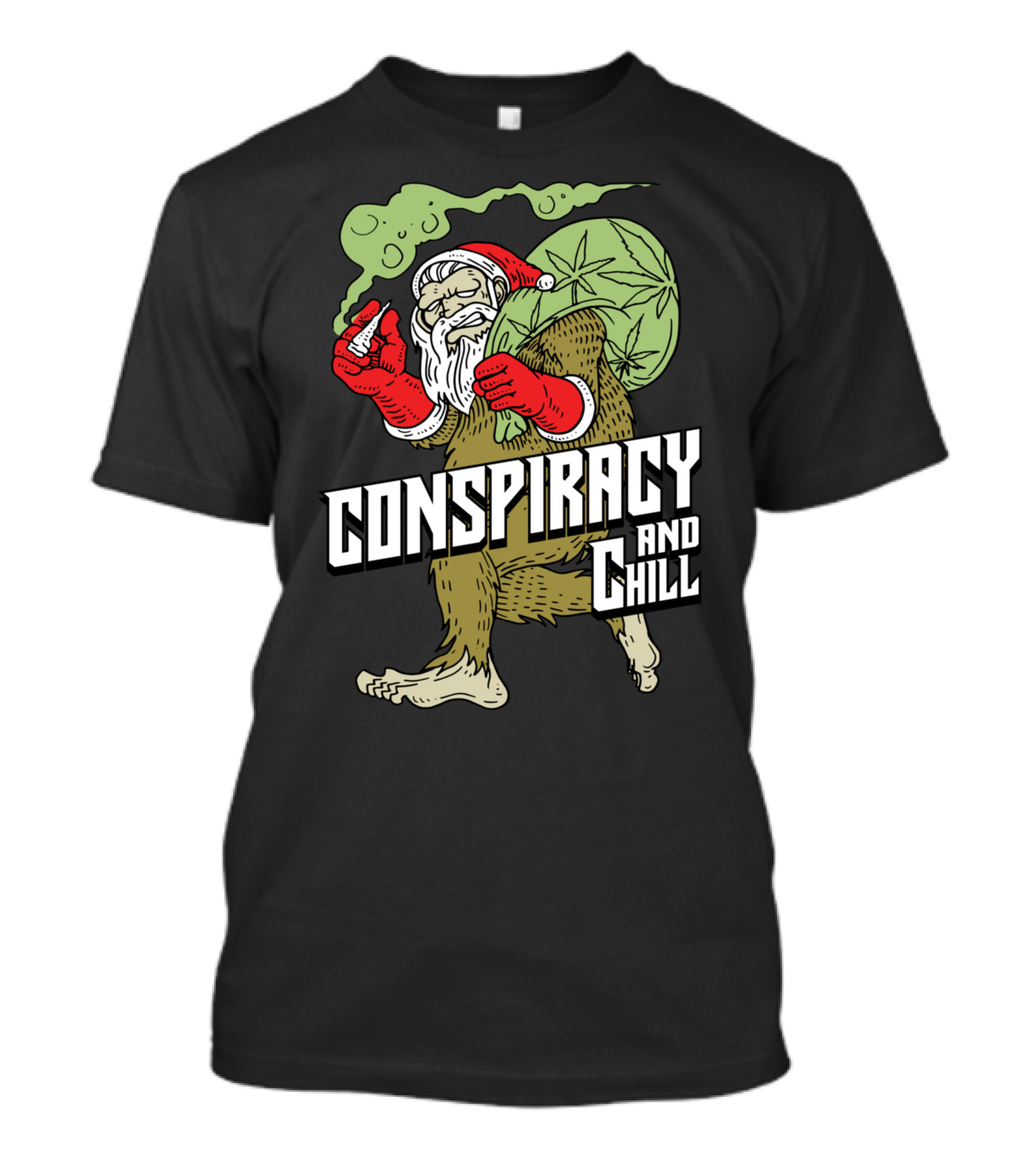 Conspiracy And Chill Bigfoot Weihnachtsmann Raucht Gras Fun Santa Bigfoot Smoking Christmas Weed T-Shirt