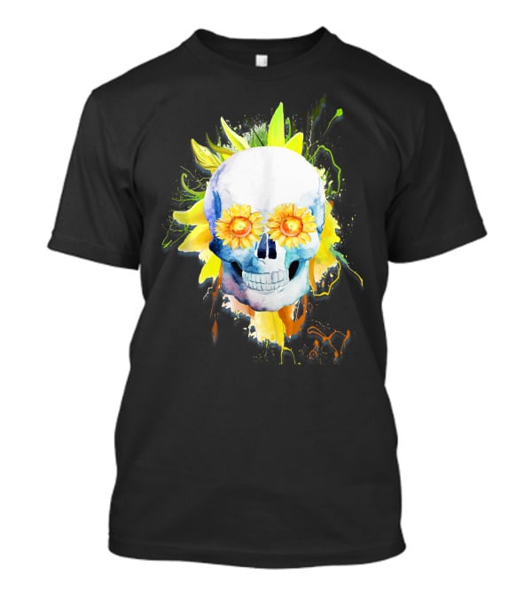 Dia De Los Muertos Halloween Sunflower Skull With Colorful Explosion Background T-Shirt