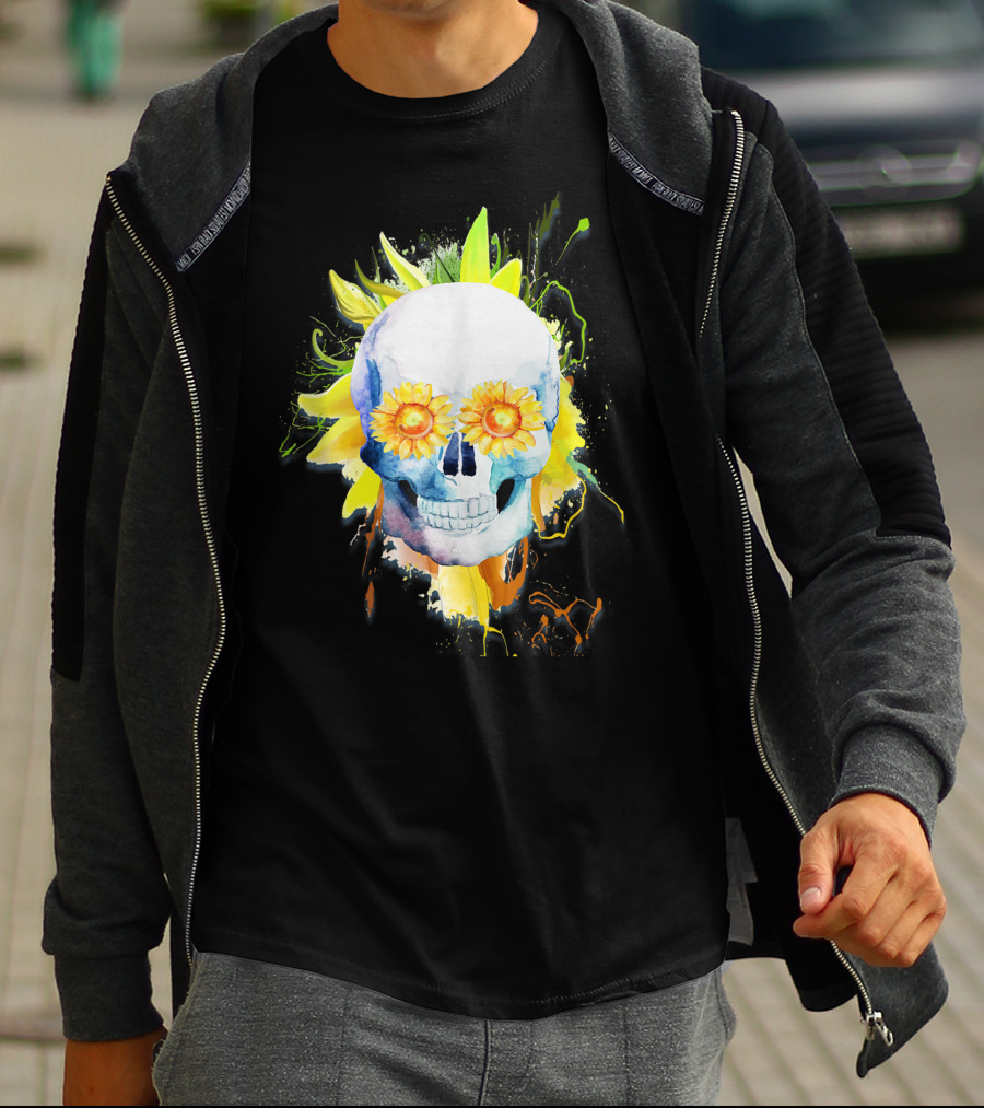 Dia De Los Muertos Halloween Sunflower Skull With Colorful Explosion Background T-Shirt