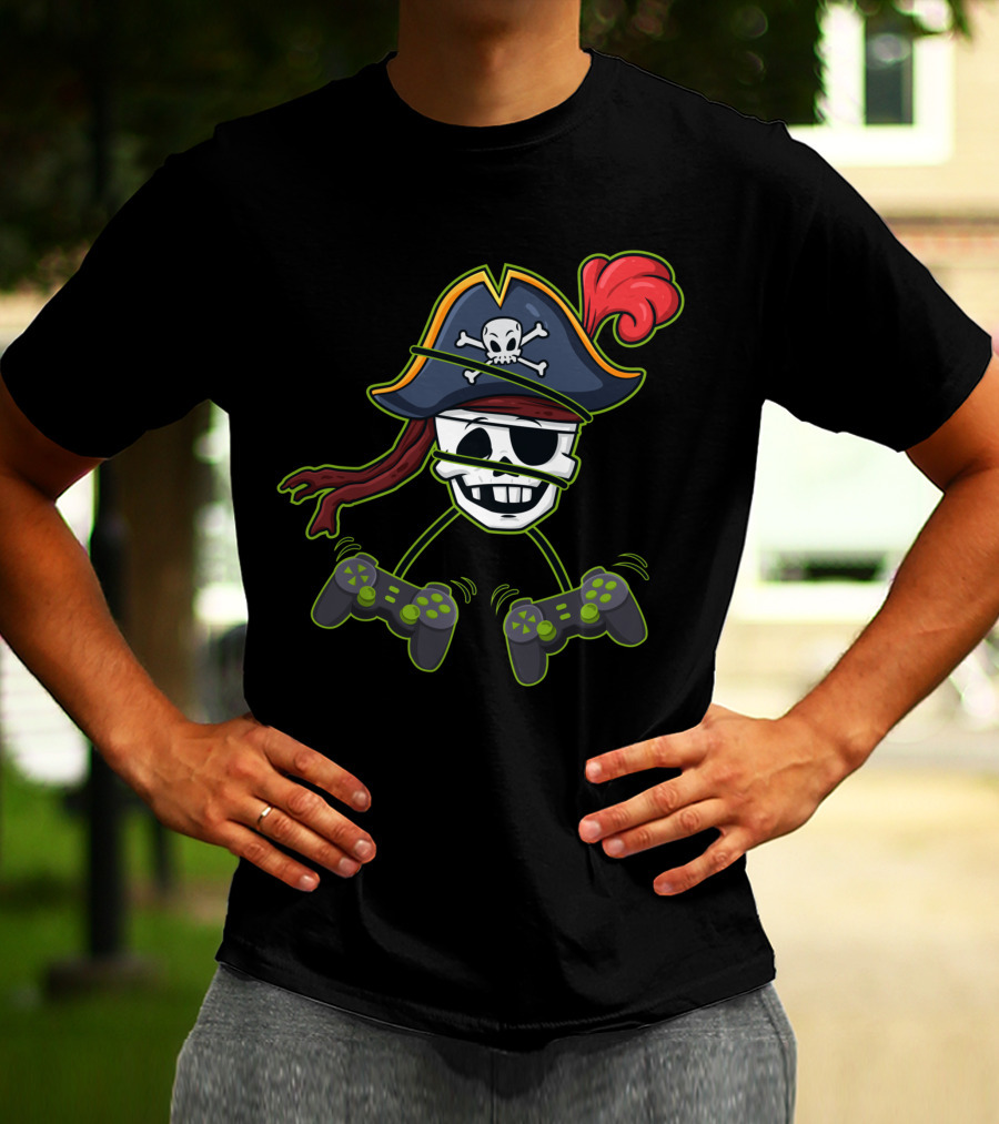 Halloween Pirate Skeleton Video Gamer Controllers Playful Skull Hat T-Shirt