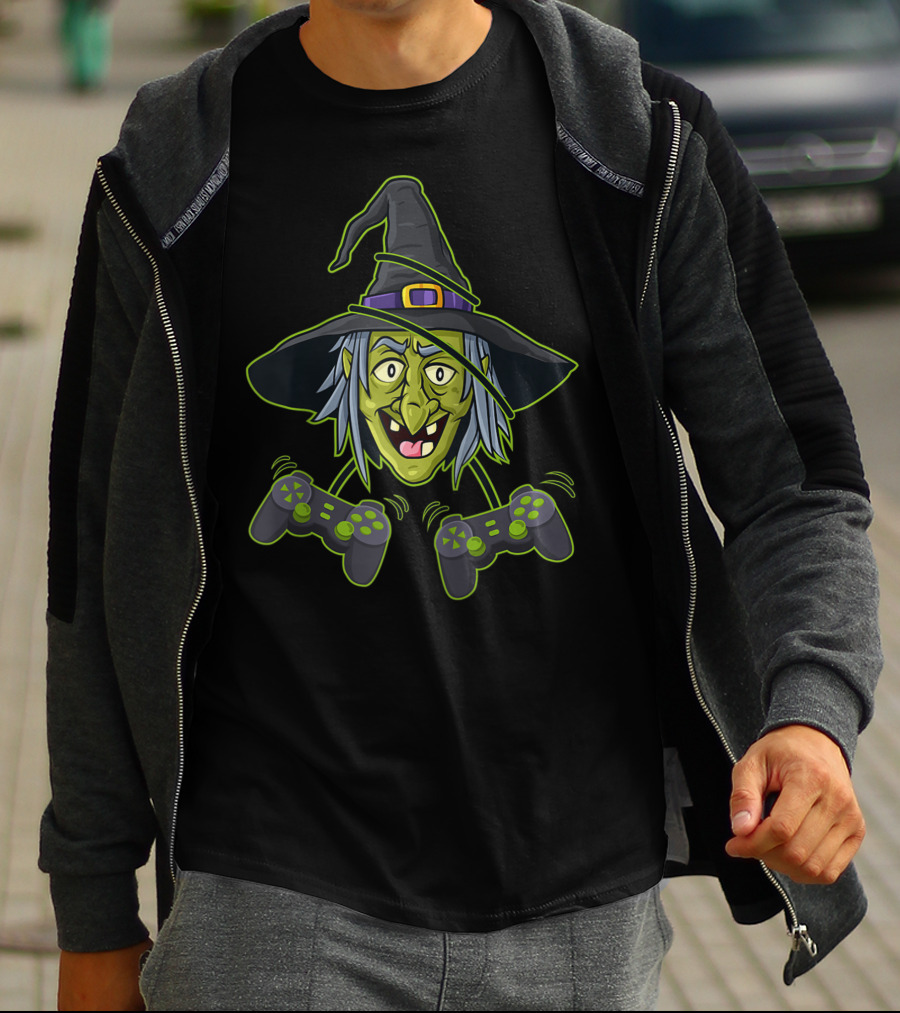Halloween Witch Video Gamer Controllers Gaming Wizard T-Shirt