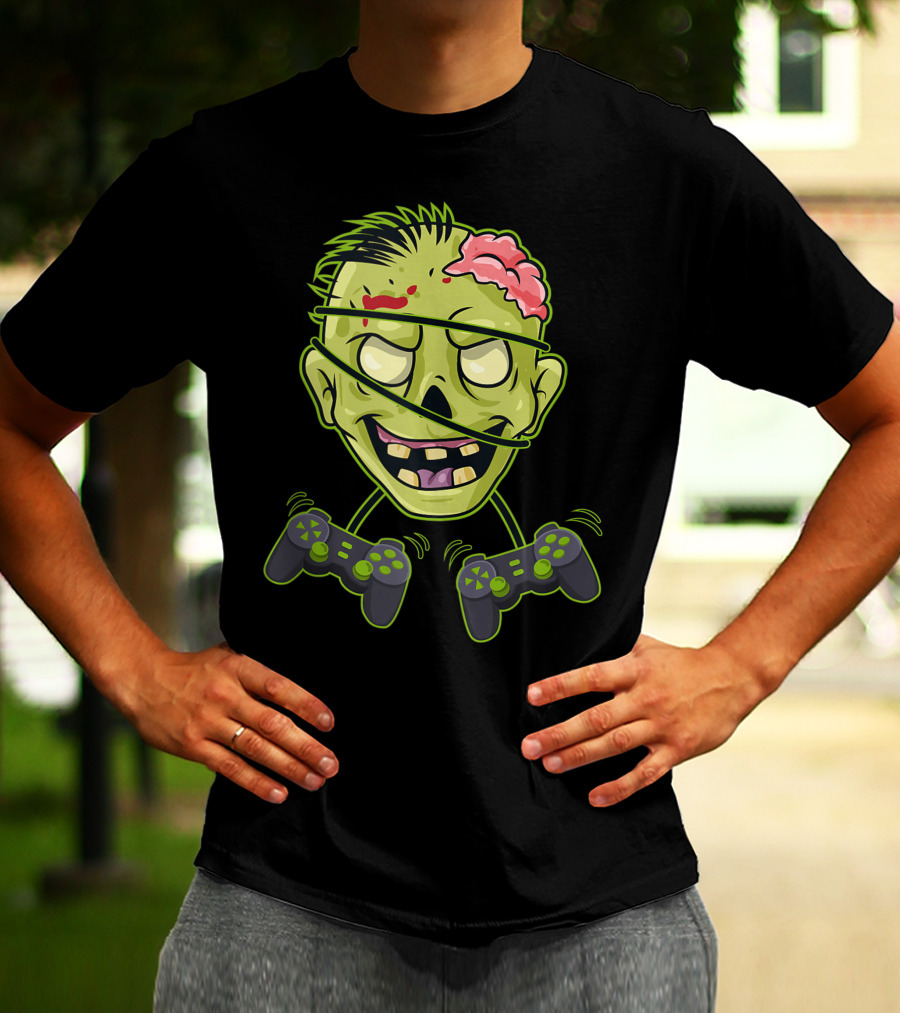 Halloween Zombie Gamer Controller Head With Split Expression T-Shirt