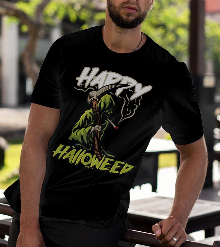 Happy Halloweed Grim Reaper Smoking Weed Cannabis T-Shirt