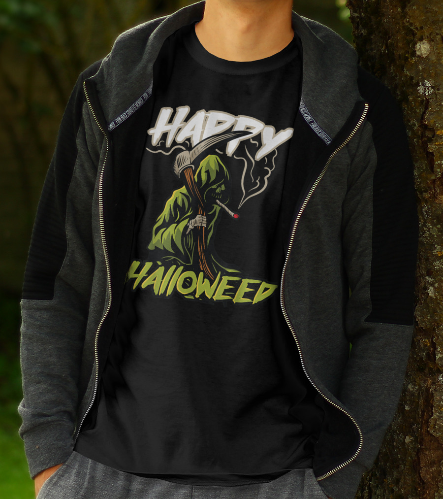 Happy Halloweed Grim Reaper Smoking Weed Cannabis T-Shirt