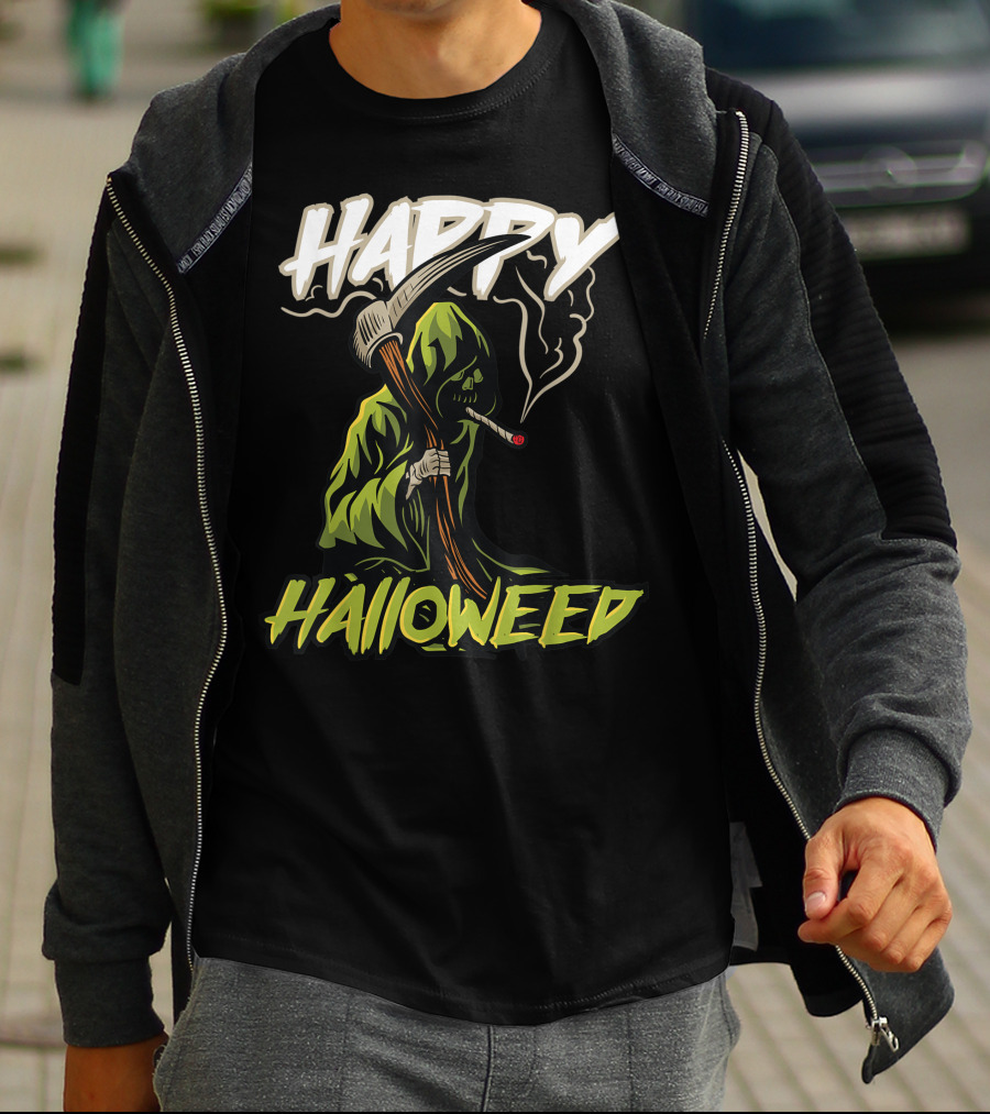 Happy Halloweed Grim Reaper Smoking Weed Cannabis T-Shirt