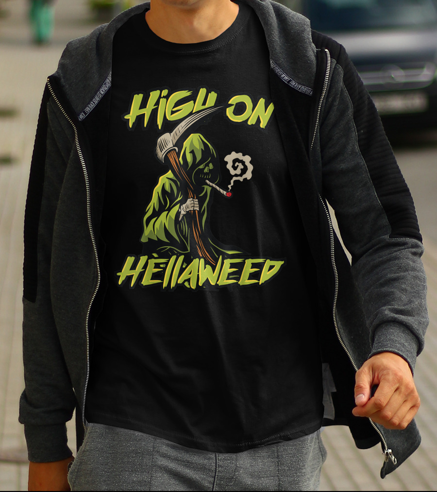 High On Hellaweed Grim Reaper Smoking Weed THC CBD T-Shirt