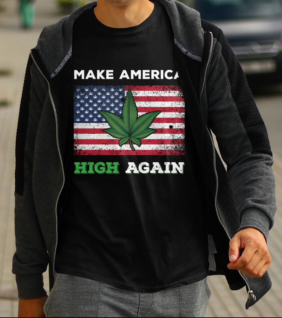 Make America High Again Pot Leaf USA Flag Weed Marijuana T-Shirt