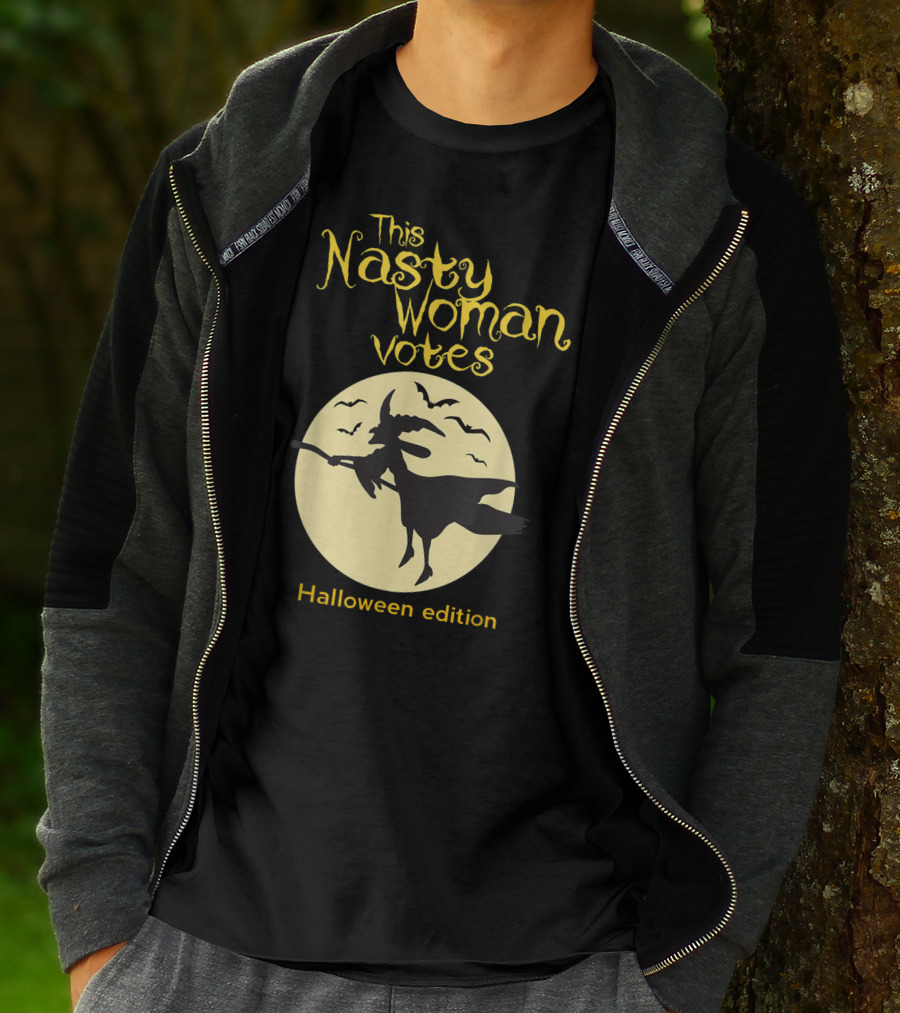This Nasty Woman Votes Halloween Edition Feminism Witch And Bats Moon T-Shirt