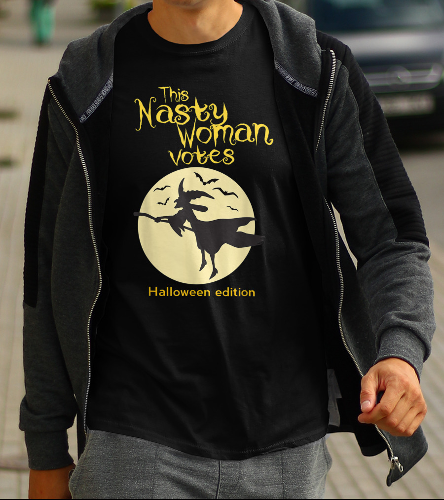 This Nasty Woman Votes Halloween Edition Feminism Witch And Bats Moon T-Shirt
