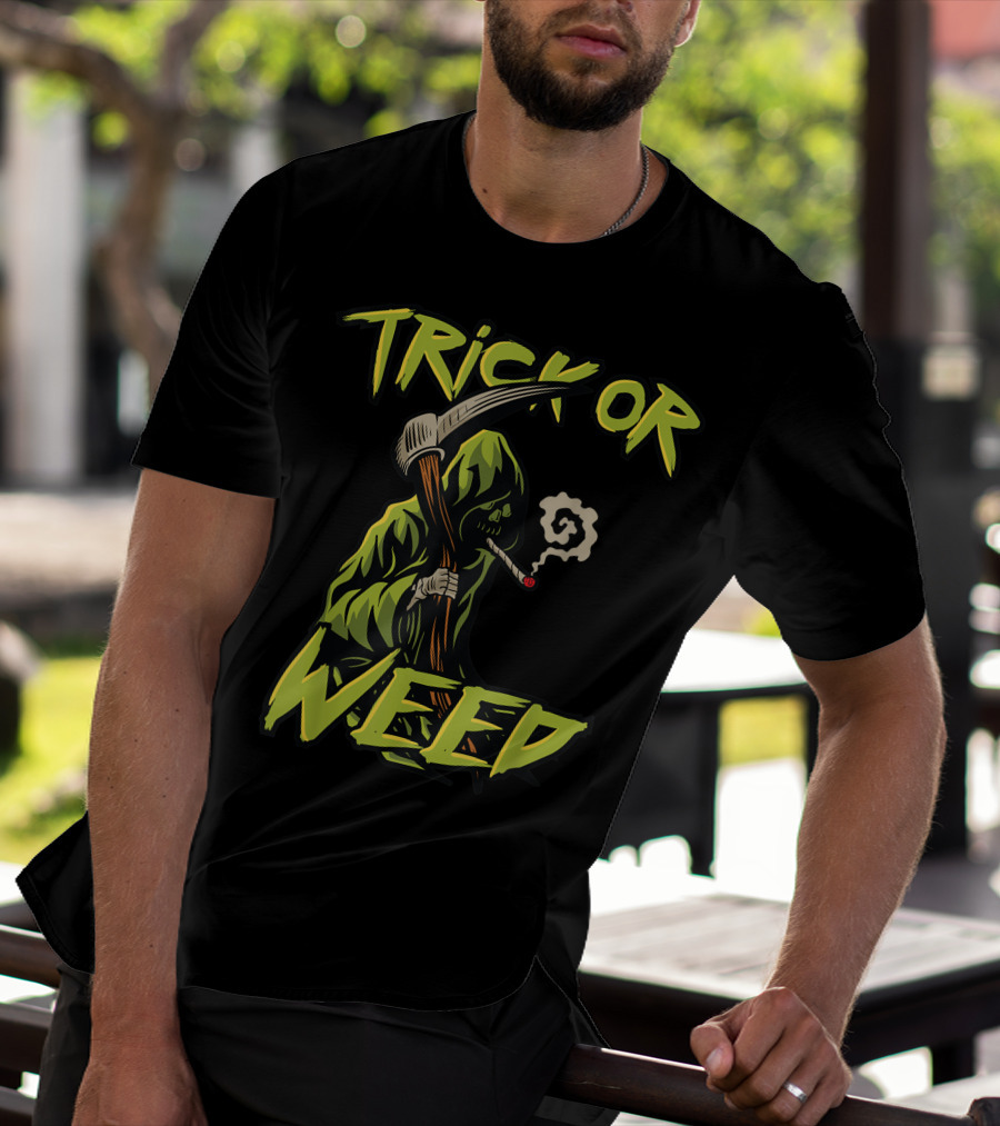 Trick Or Weed Grim Reaper Smoking Cannabis Joint T-Shirt