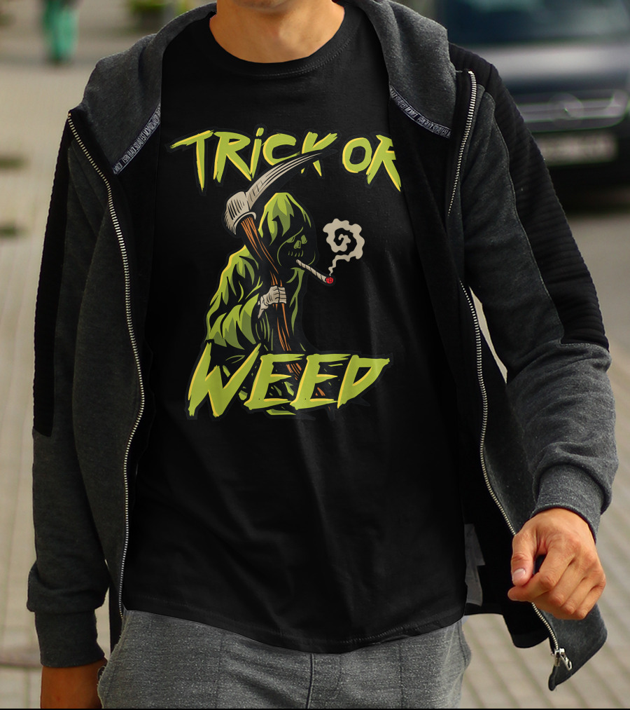 Trick Or Weed Grim Reaper Smoking Cannabis Joint T-Shirt