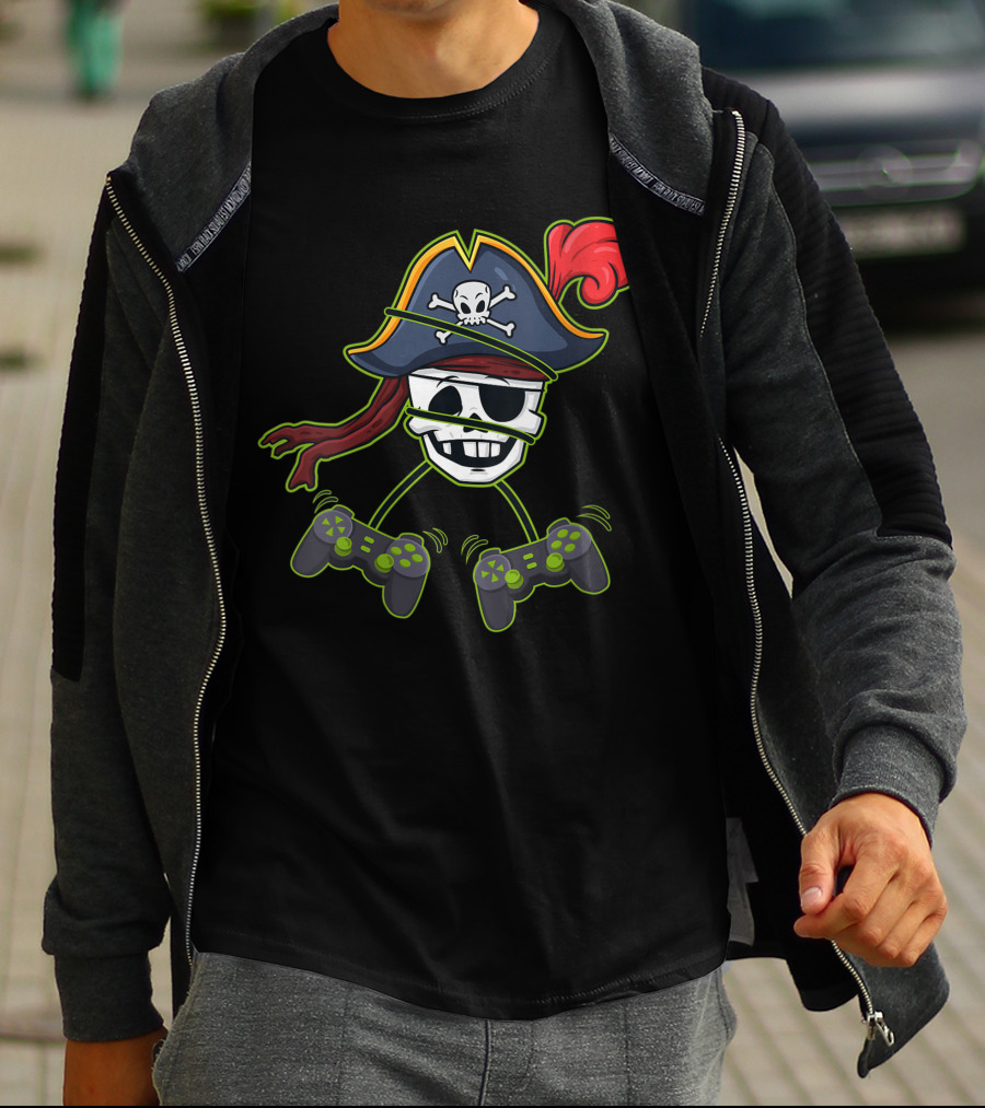 Halloween Pirate Skeleton Gamer With Controller Hat And Crossbones T-Shirt