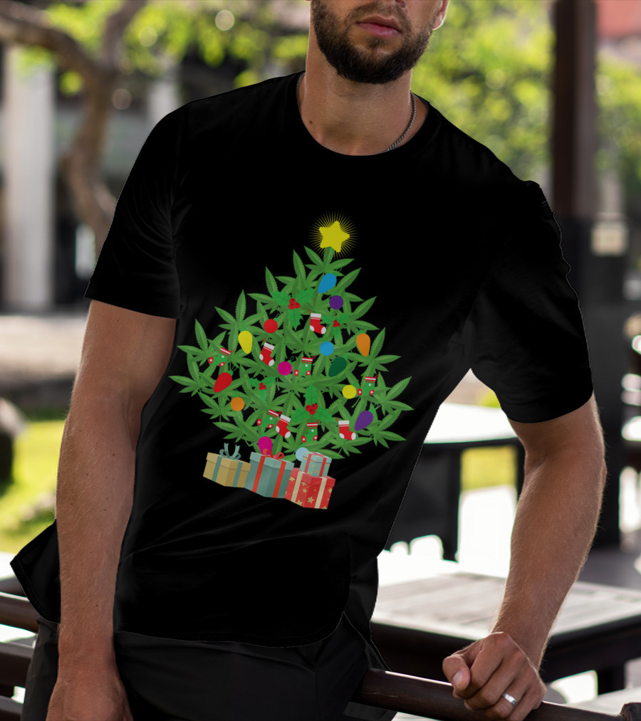 Cannabis Leaf Christmas Tree With Star And Colorful Holiday Lights T-Shirt