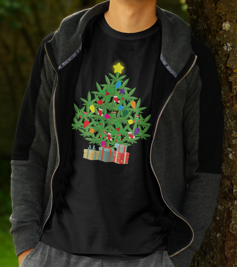 Cannabis Leaf Christmas Tree With Star And Colorful Holiday Lights T-Shirt