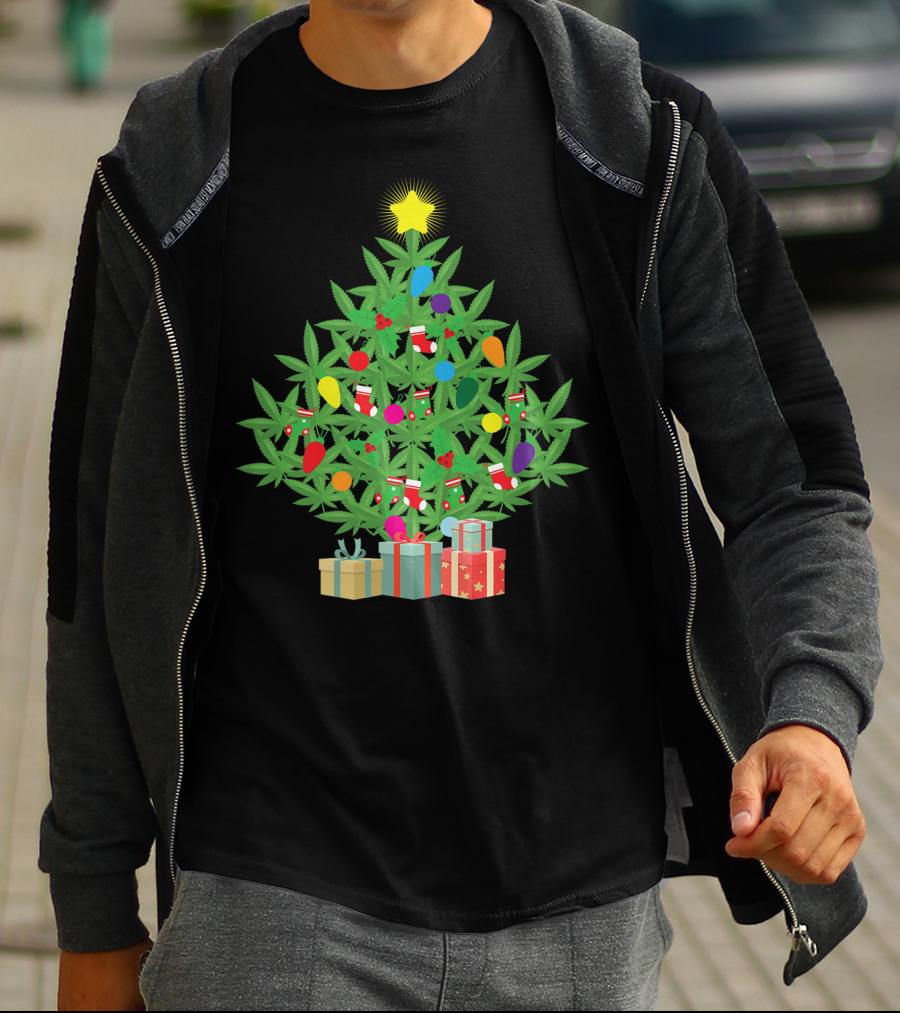 Cannabis Leaf Christmas Tree With Star And Colorful Holiday Lights T-Shirt