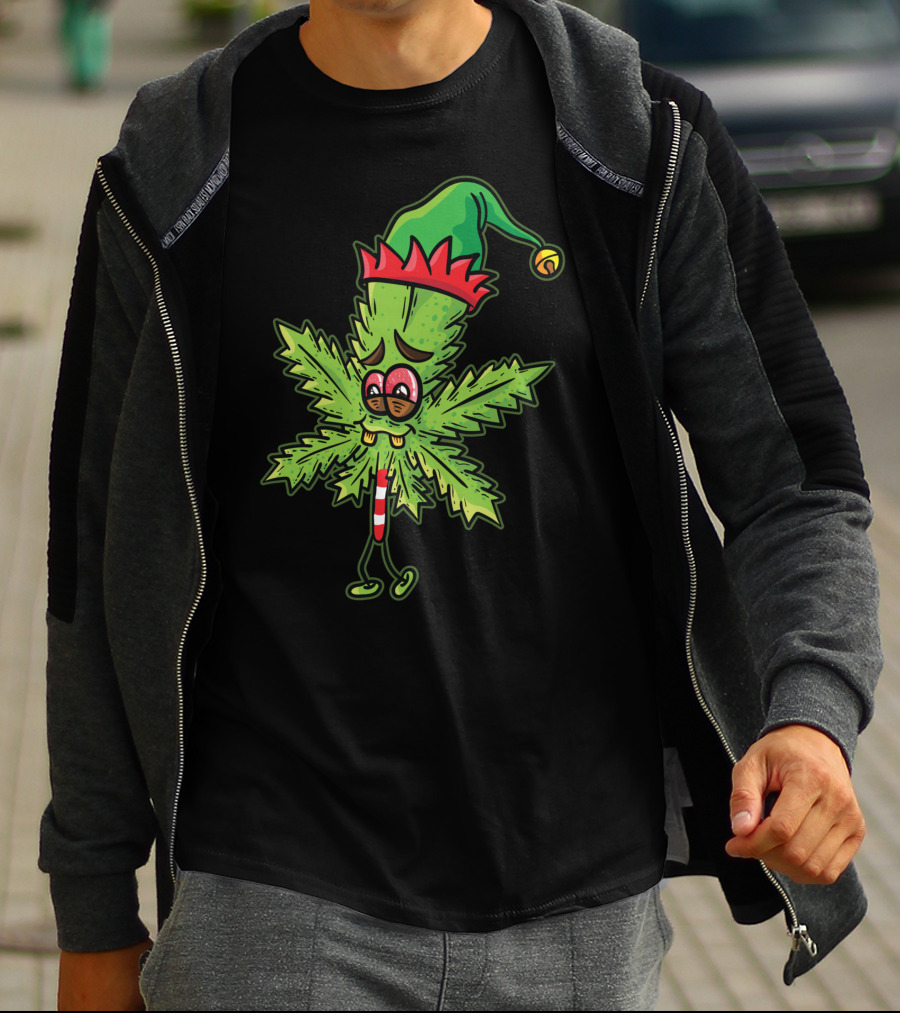 Stoned Elf Cannabis Leaf With Festive Hat Smoking Weed Elves T-Shirt