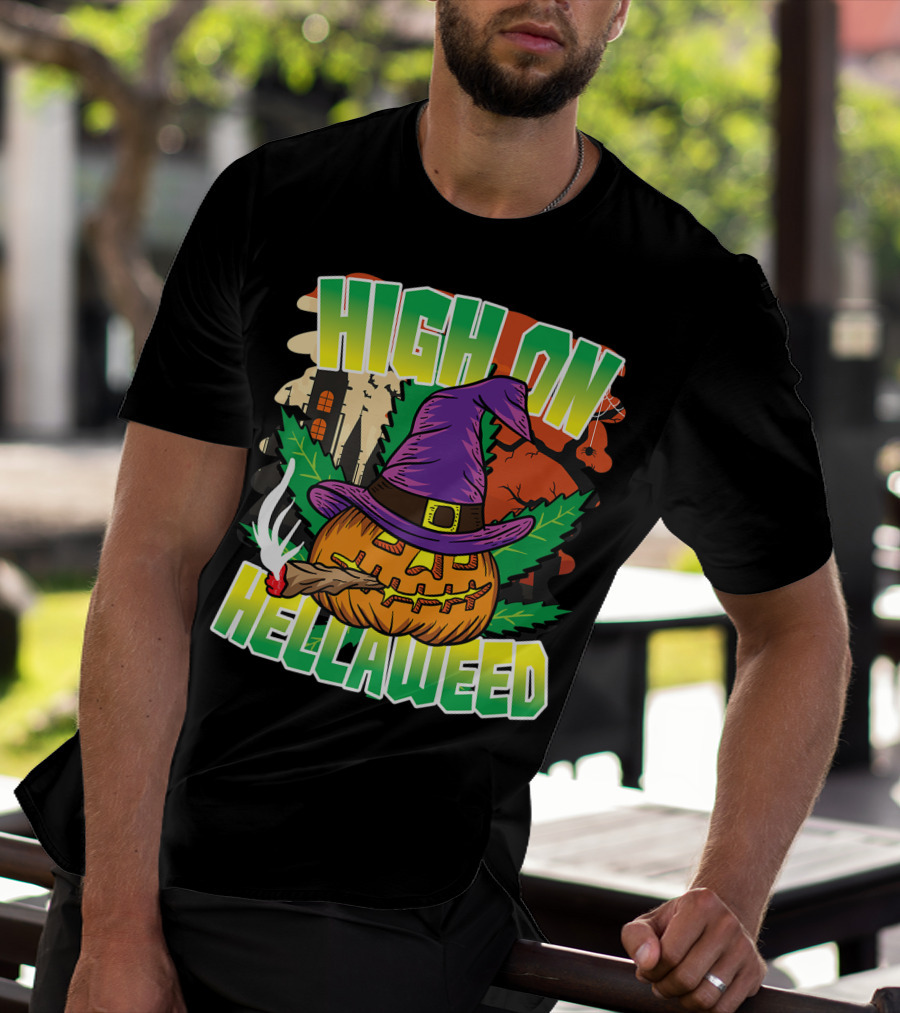 High On Hellaweed Pumpkin Smoking Weed THC Halloween Stoner T-Shirt