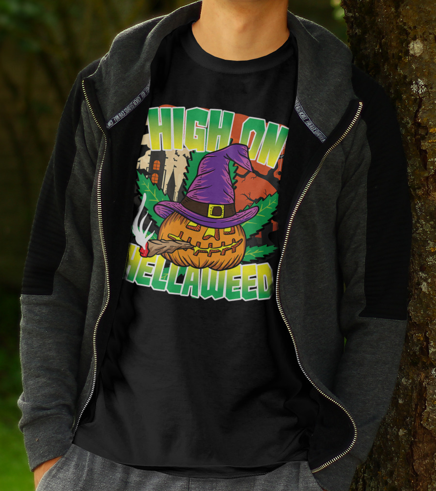 High On Hellaweed Pumpkin Smoking Weed THC Halloween Stoner T-Shirt