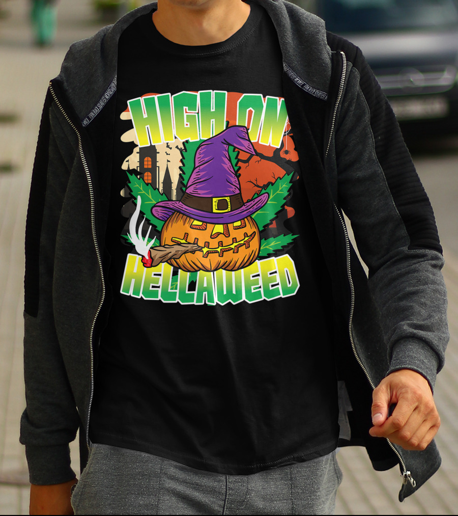 High On Hellaweed Pumpkin Smoking Weed THC Halloween Stoner T-Shirt