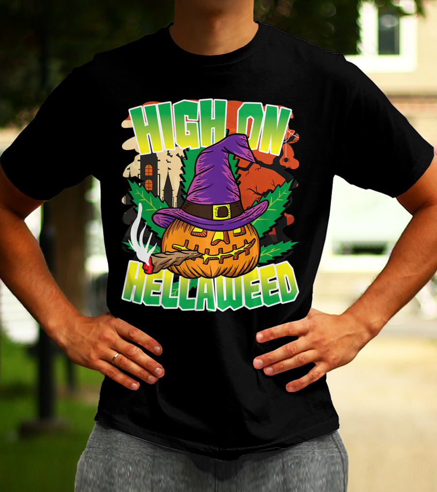 High On Hellaweed Pumpkin Smoking Weed THC Halloween Stoner T-Shirt