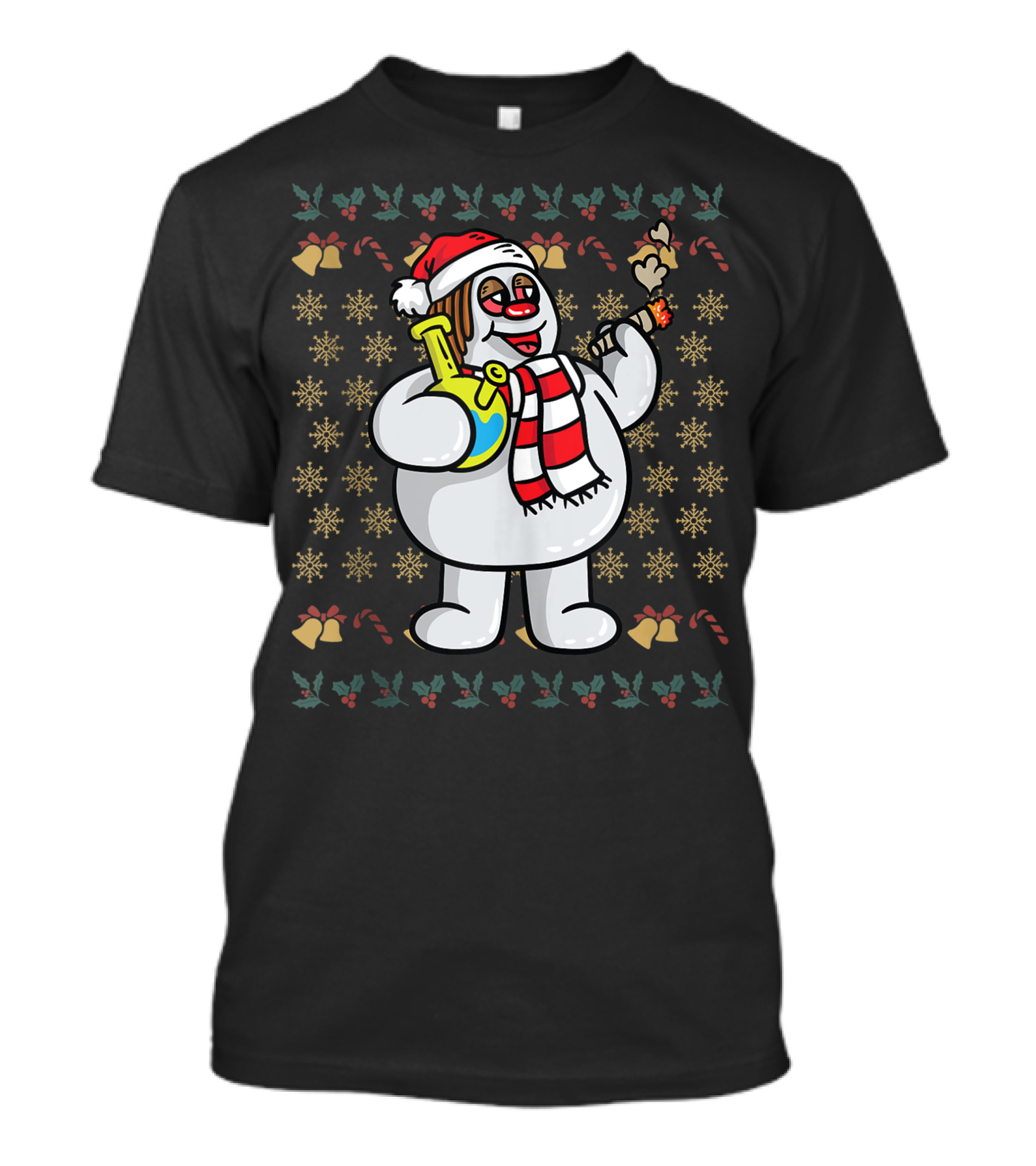 Rasta Snowman Christmas Cannabis Weed Smoking Santa Hat Scarf T-Shirt