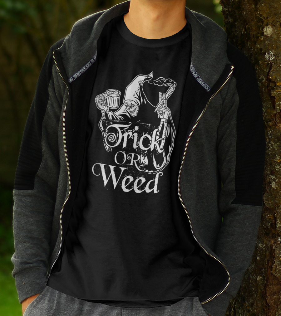 Trick Or Weed Skeleton Grim Reaper Smoking Ganja T-Shirt