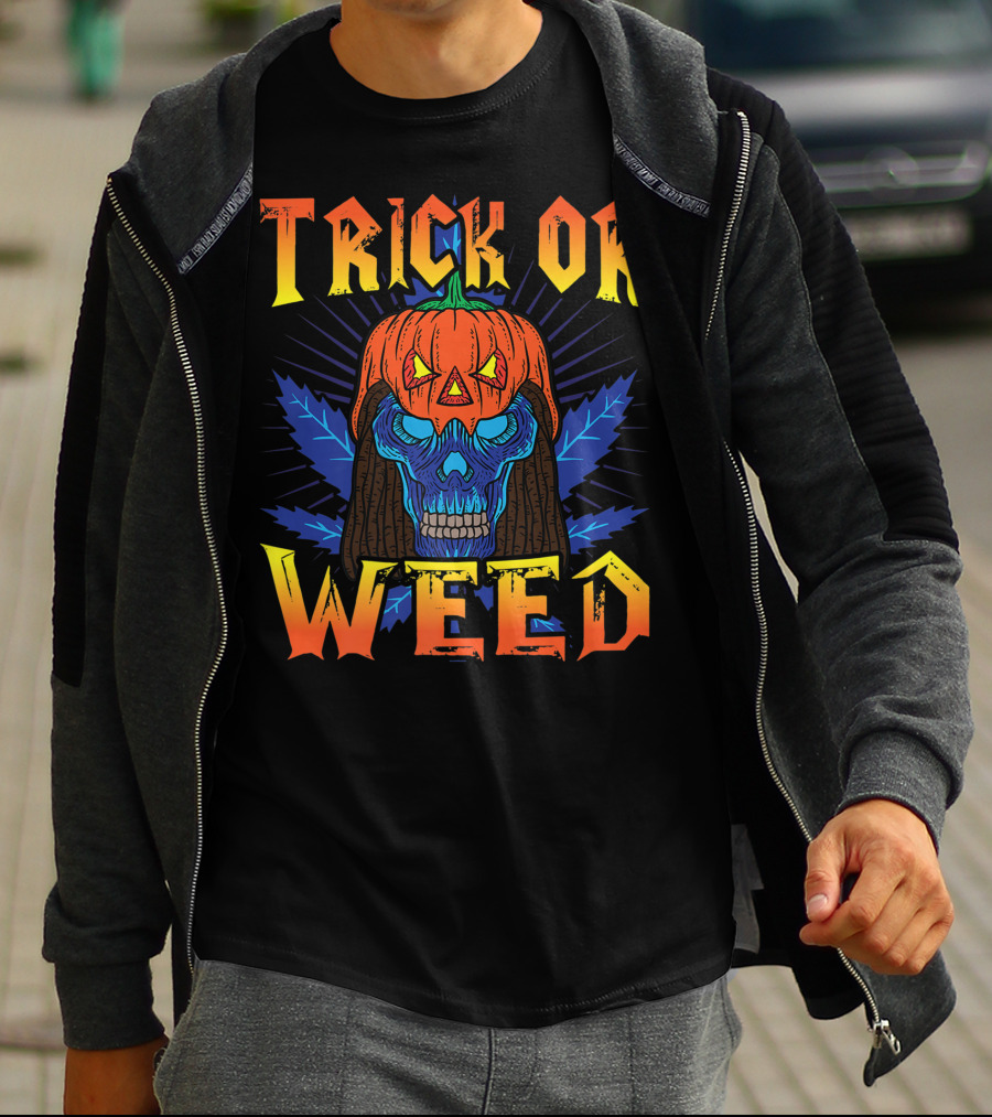 Trick Or Weed Pumpkin Skull Smoking Cannabis THC Halloween Stoner T-Shirt