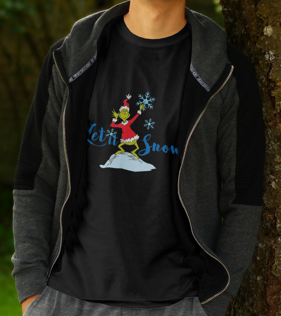 Grinch In Santa Outfit Holding Snowflakes Let It Snow T-Shirt