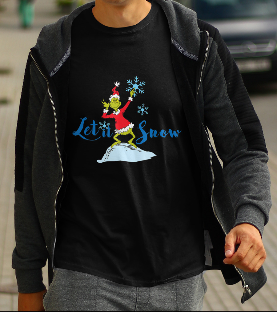 Grinch In Santa Outfit Holding Snowflakes Let It Snow T-Shirt