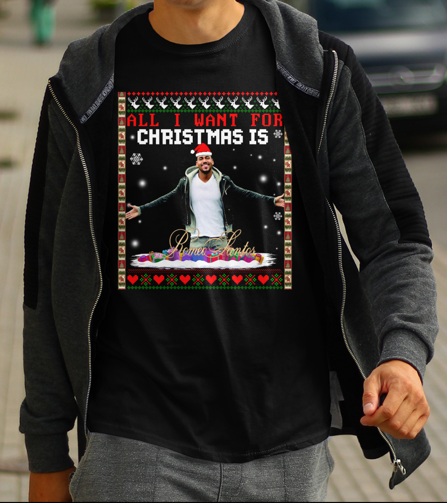 All I Want For Christmas Is Romeo Santos Santa Hat Snowflakes Hearts T-Shirt