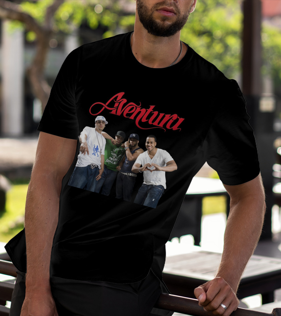 Aventura Band Red Script Logo Casual Group Photo T-Shirt