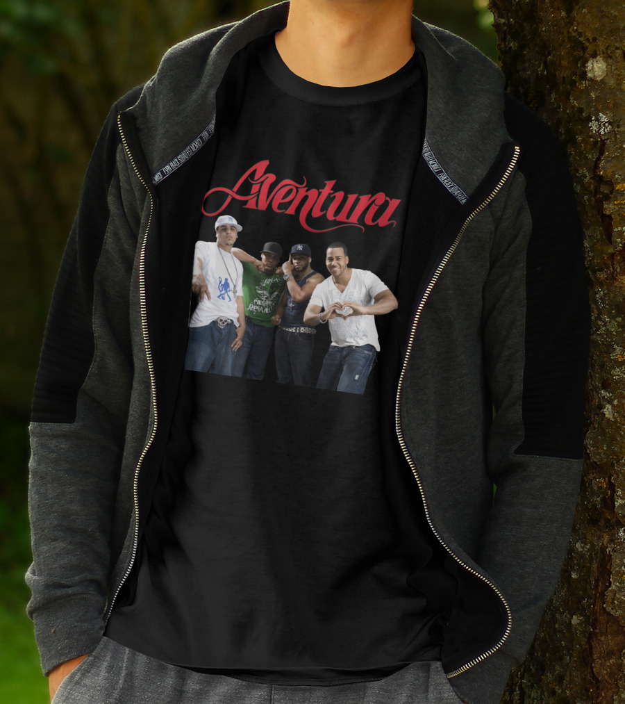 Aventura Band Red Script Logo Casual Group Photo T-Shirt