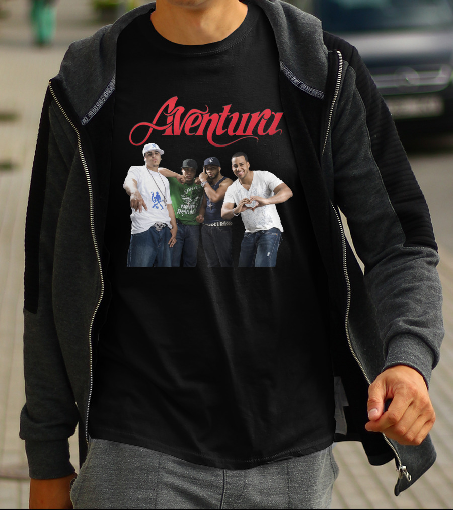 Aventura Band Red Script Logo Casual Group Photo T-Shirt