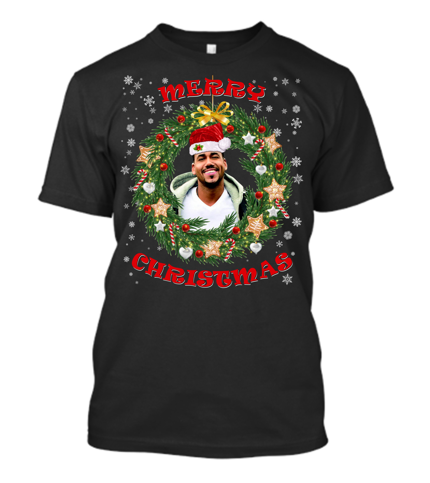 Merry Christmas Romeo Santos Santa Hat Wreath T-Shirt