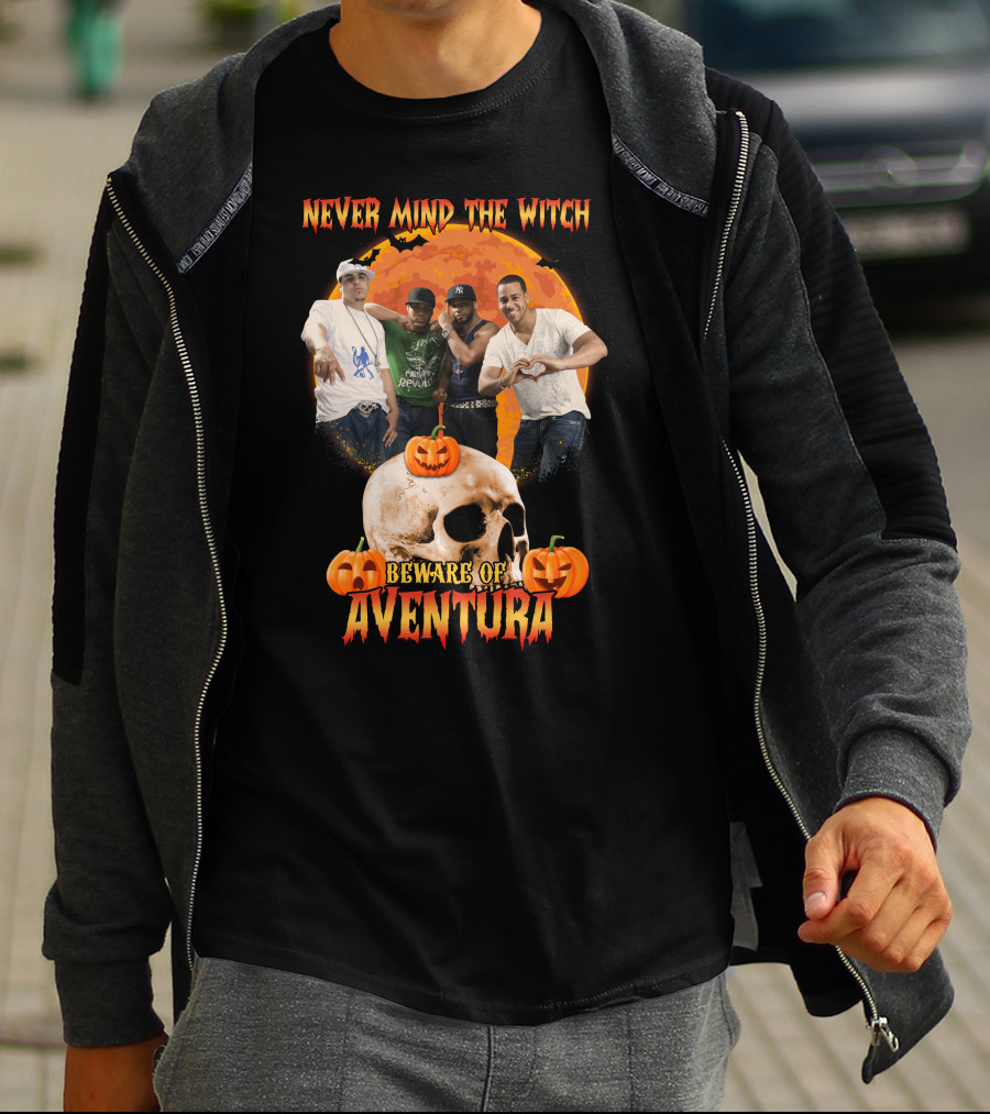 Never Mind The Witch Beware Of Aventura Halloween Pumpkin Skull Scene T-Shirt