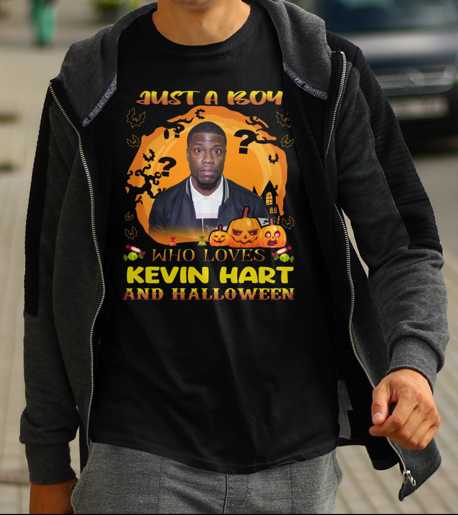 Just A Boy Who Loves Kevin Hart And Halloween Pumpkin Bats T-Shirt