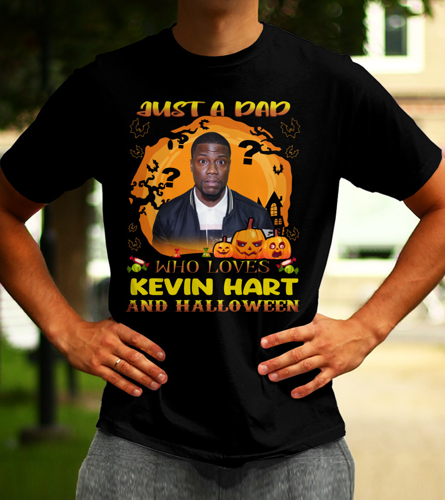 Just A Dad Who Loves Kevin Hart Surrounded By Spooky Halloween Pumpkins And Moon T-Shirt