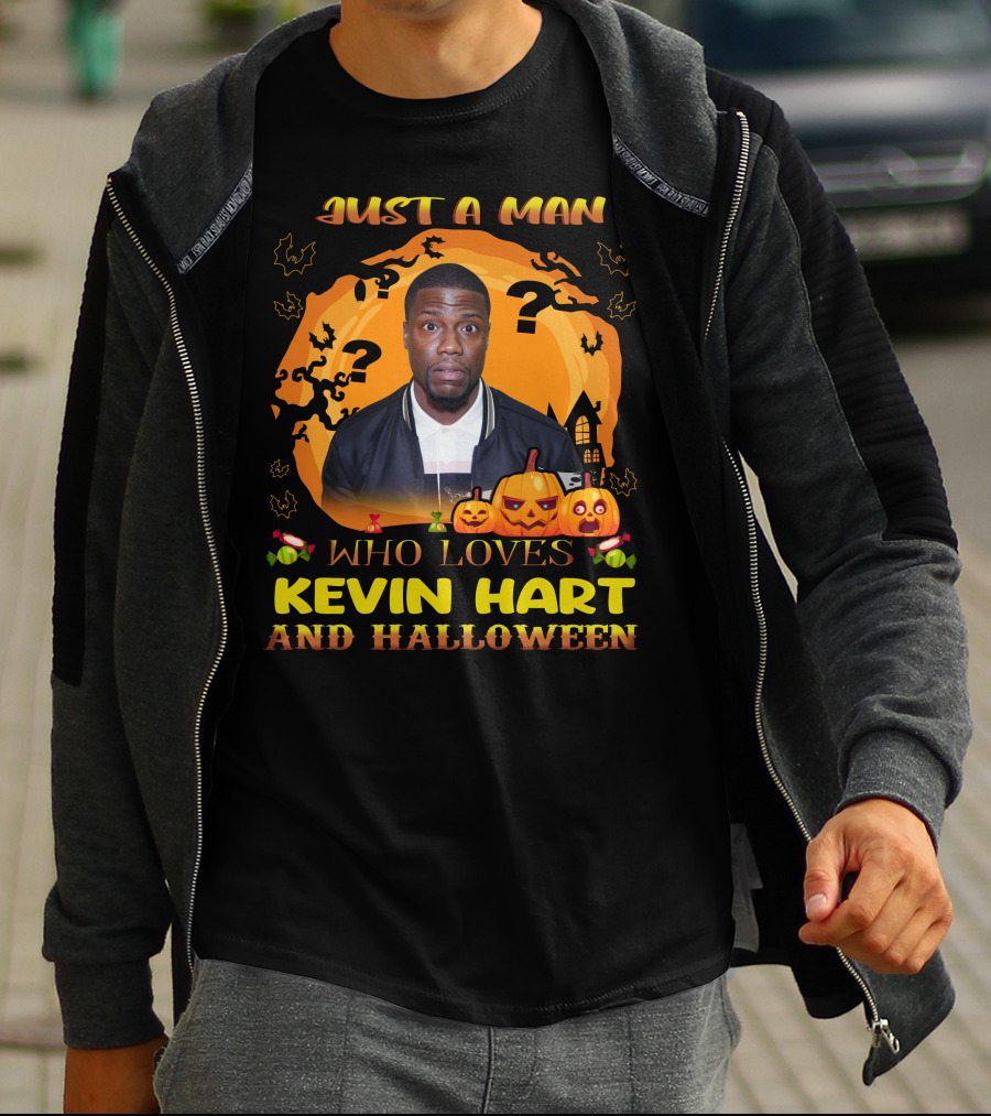Just A Man Who Loves Kevin Hart And Halloween With Pumpkins And Bats T-Shirt