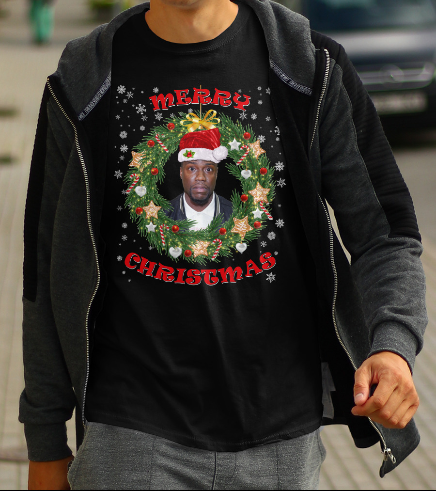 Merry Christmas Kevin Hart Santa Hat Christmas Wreath T-Shirt