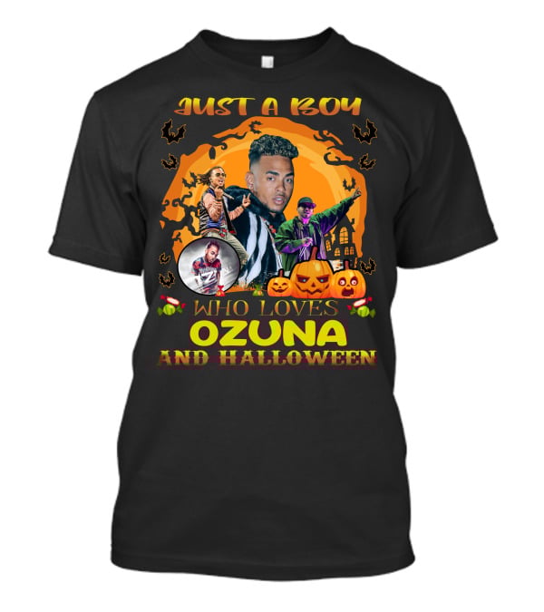 Just A Boy Who Loves Ozuna And Halloween Pumpkins Bats And Haunted House T-Shirt