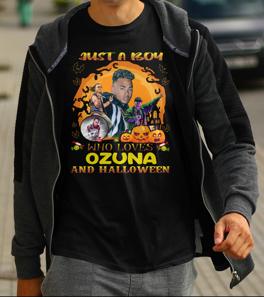 Just A Boy Who Loves Ozuna And Halloween Pumpkins Bats And Haunted House T-Shirt