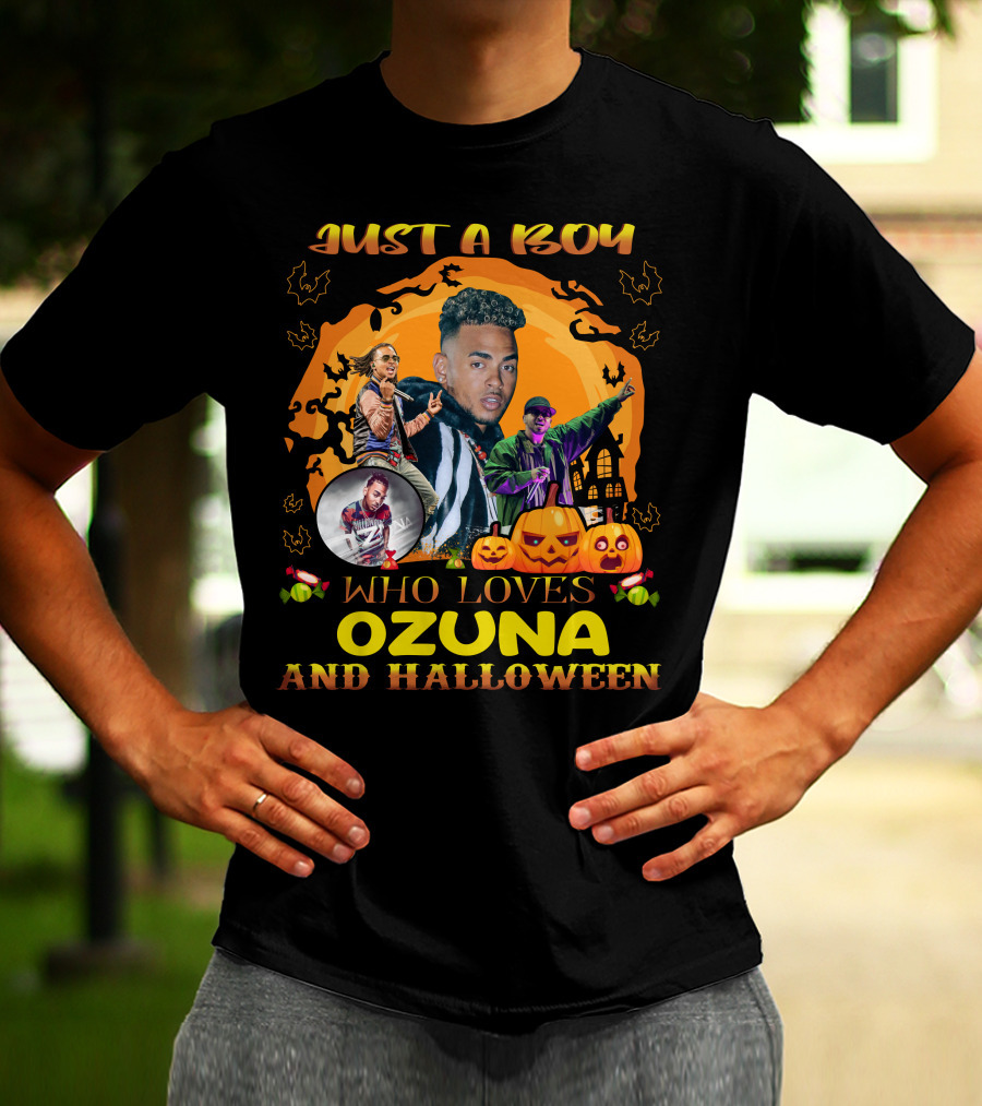Just A Boy Who Loves Ozuna And Halloween Pumpkins Bats And Haunted House T-Shirt